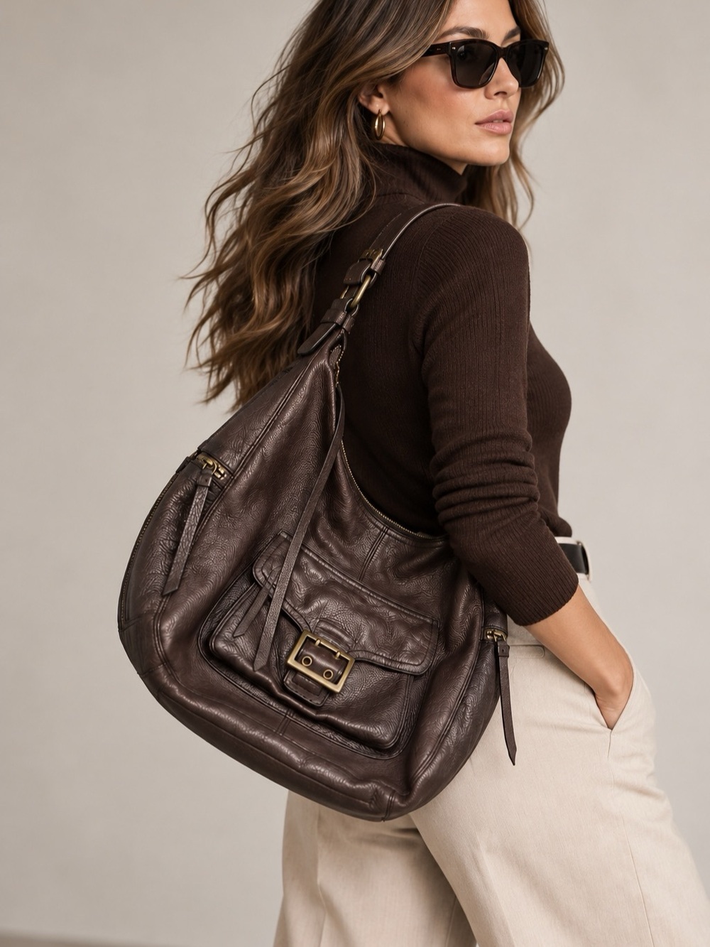 Banana Republic Brown Leather Hobo Shoulder Bag Large Slouchy Buckle Boho